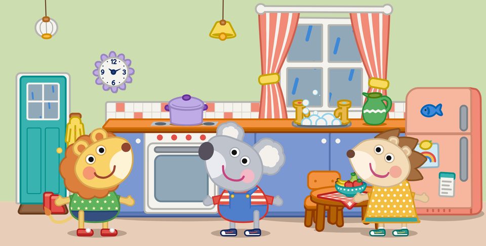 The cast in a cheerful kitchen on a rainy day